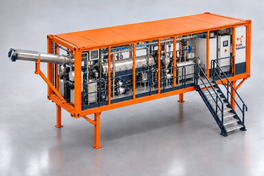 Dutch Separation modular decanter system with stainless steel conveyor and orange support frame