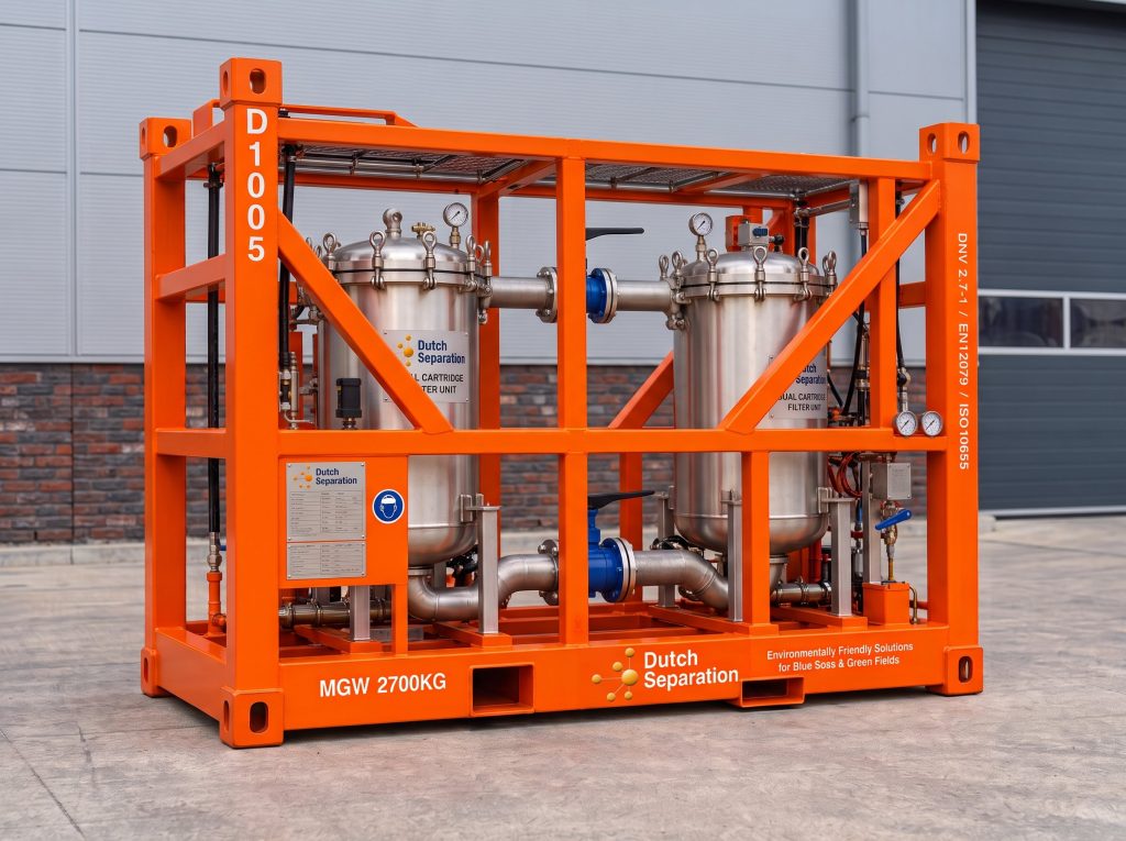 Dutch Separation dual cartridge filtration unit with stainless steel housings and orange frame, illustrated for industrial wastewater treatment and separation equipment rental.