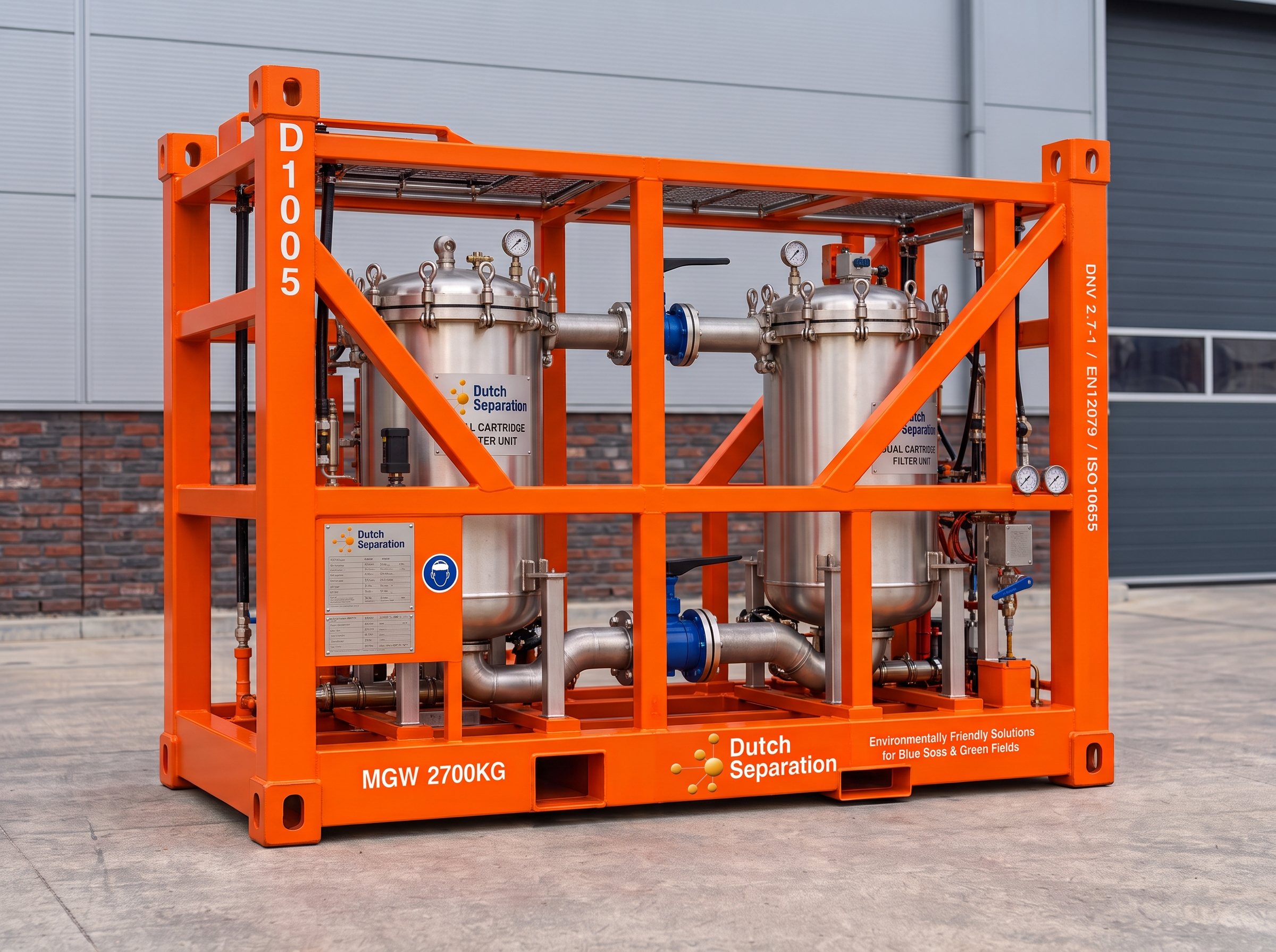 Dutch Separation dual cartridge filtration unit with stainless steel housings and orange frame, illustrated for industrial wastewater treatment and separation equipment rental.