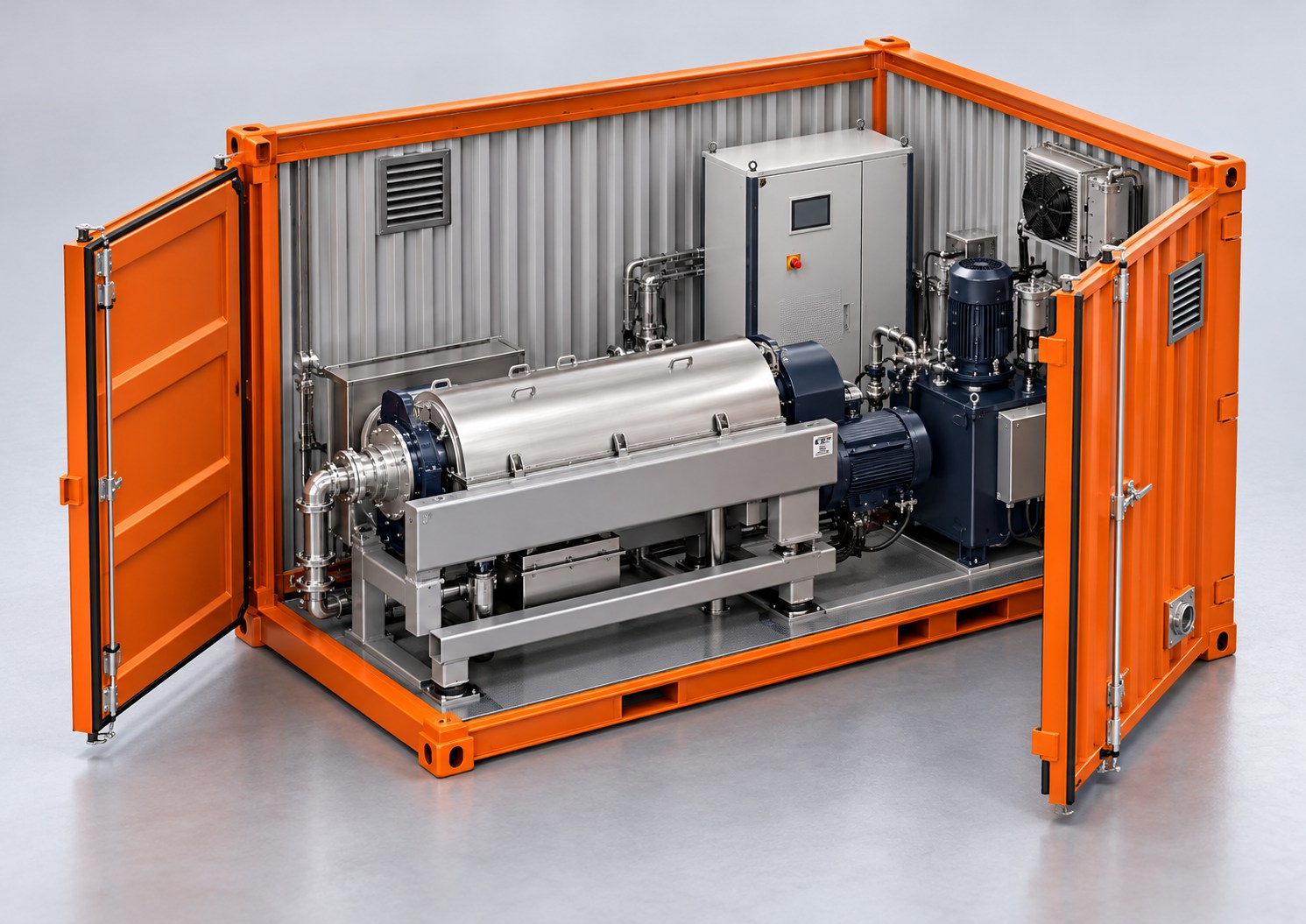 Concept render of a Dutch Separation decanter centrifuge in an orange modular frame, illustrating sludge dewatering and solids control services.