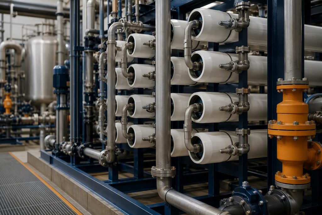 Industrial filtration equipment with stainless steel pipework and membrane housings, illustrating a possible stage in produced water treatment.